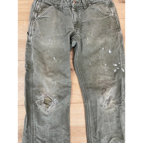 Carhartt Dungaree Pants Olive Green Size 32x31 Distressed Paint Repair - Picture 3 of 8